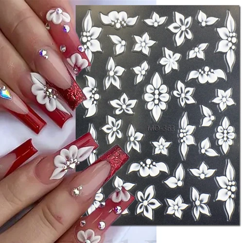 Calcomanías para decoración de uñas en relieve 5D, flores florales blancas, puntas francesas, deslizadores adhesivos, pegatinas para uñas, decoraciones para manicura