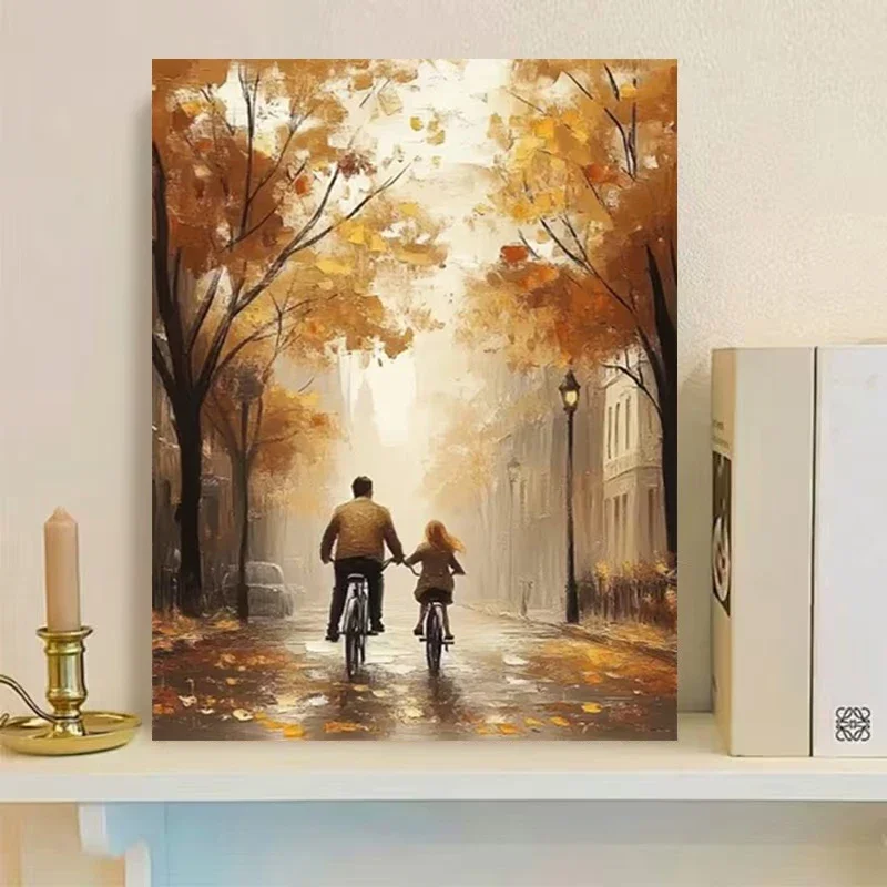 Multiple sizes 1pc frameless Canvas Painting,Autumn Stroll in The Park Family Cycling Poster and Prints Canvas Painting Wall Art