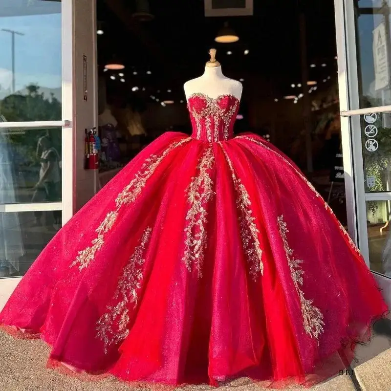 

Customized Red Shiny Quinceanera Dresses Gold Applique Lace Beads Corset Sweet 16 vestidos de 15 años quinceañeras