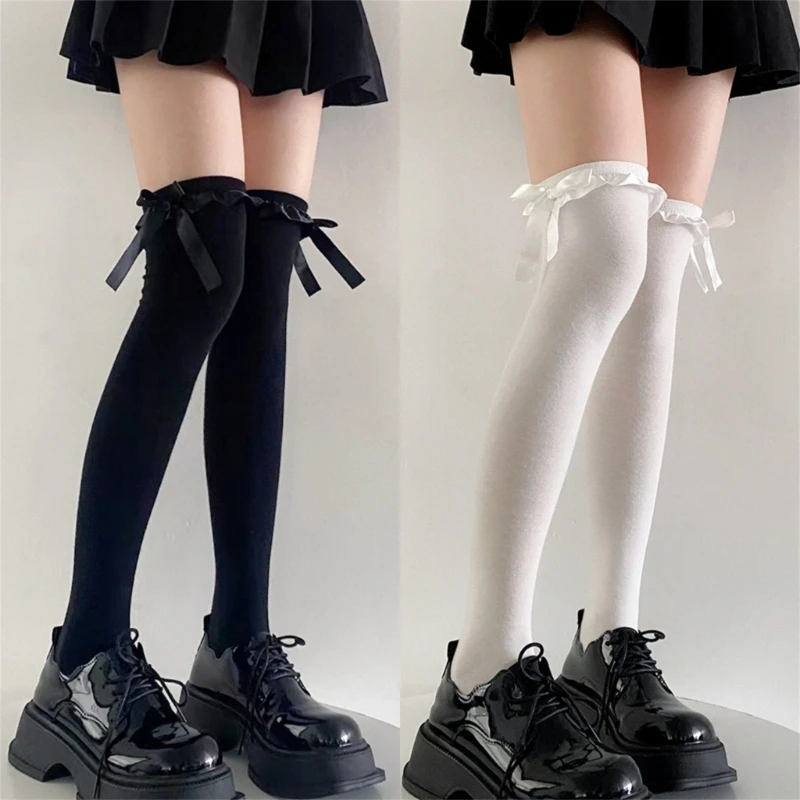 Fashion Sexy Lace Trims Knee High Stockings Bowknot Girl Campus Socks