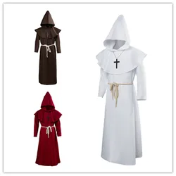 Men Church Medieval Renaissance Costume High Priest Monk Druid Cosplay Costume  Robe Hooded Cloak Coat Halloween Carnival Suit