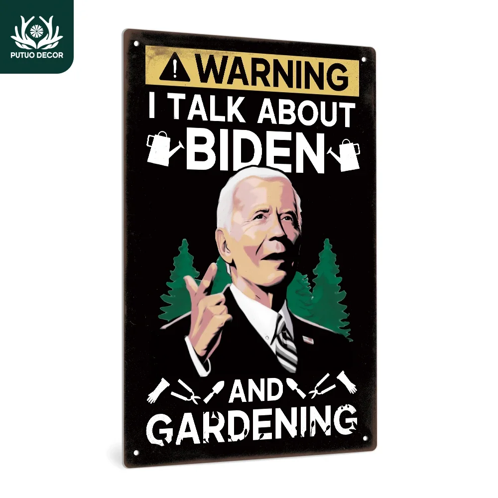 Putuo Decor  Biden Vintage Metal Sign, Warning I Talk About Biden and Gardening, Wall Art Decor for Home Farmhouse Bar Pub Club