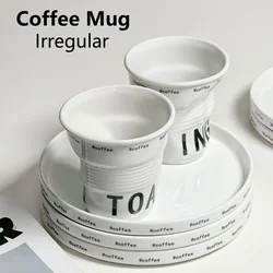 200ml Coffee Mug French Pleated Irregular White Ceramic Nordic Creative Design Wrinkle Cup Tumbler with English Letter Milk Cup