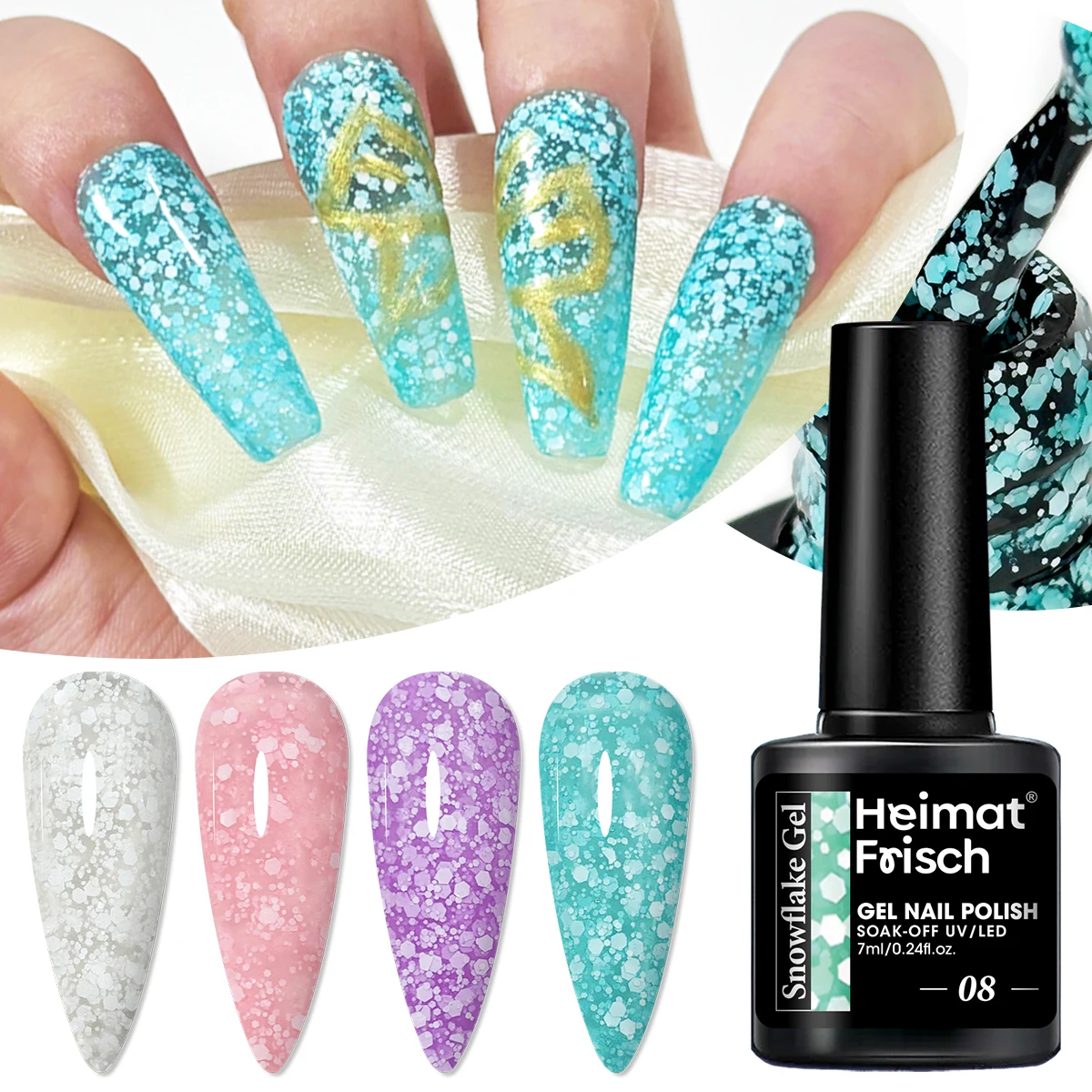طلاء أظافر جل ندفة الثلج عبوة واحدة من Heimat Frisch، 7 مل لكل زجاجة، 0.24 أونصة. تتميز بريق تأثير ندفة الثلج الذي يمكن نقع #1