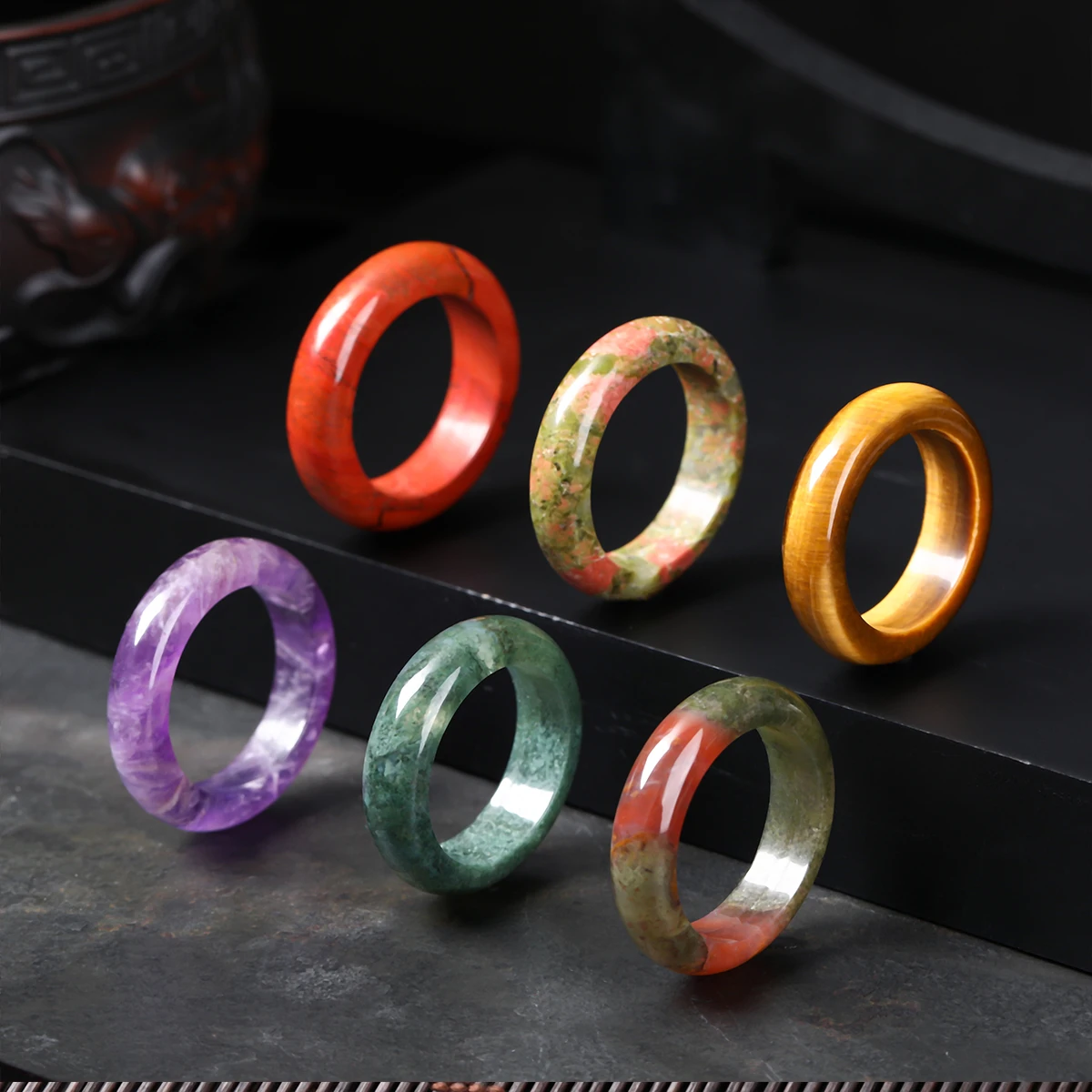1 Pc Natural Stone Jade Rings Crystal Agate Obsidian Fengshui Lucky Promise Wedding Band Thumb Ring Party Accessory Gifts