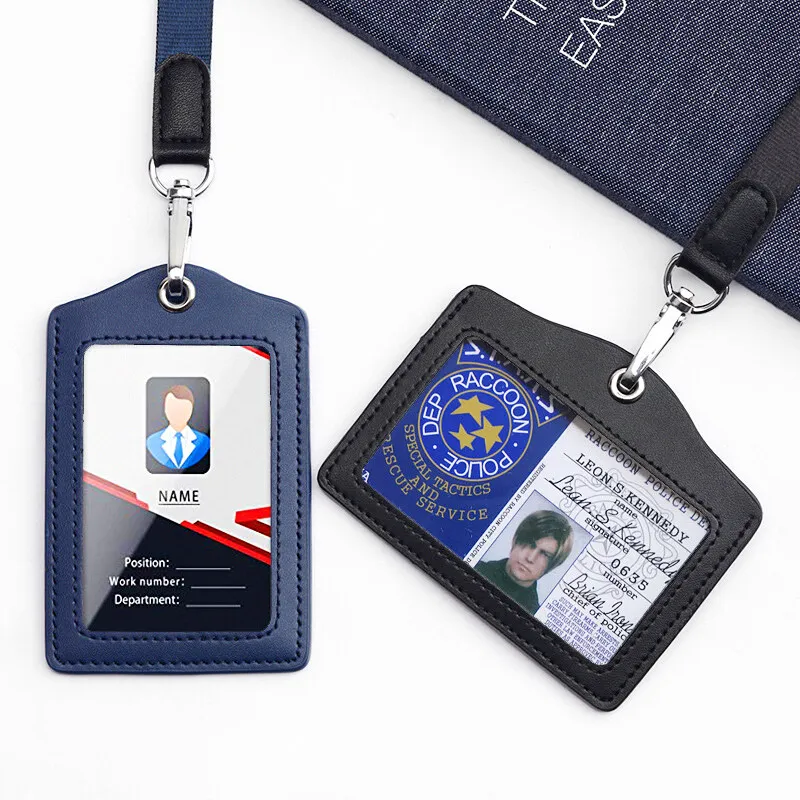 High Quality ID Badge Holder with Nylon Lanyard Formal Business Work Access Card Office Worker Name Card Holders Genuine Leather