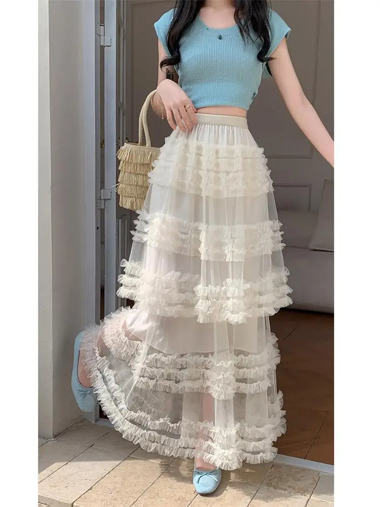 Spring New Heavyweight Ins Lace Trim Pleated Cake Skirt Wooden Ear Look Big Flounce Dragging Net Half Skirt High Waist A-Line