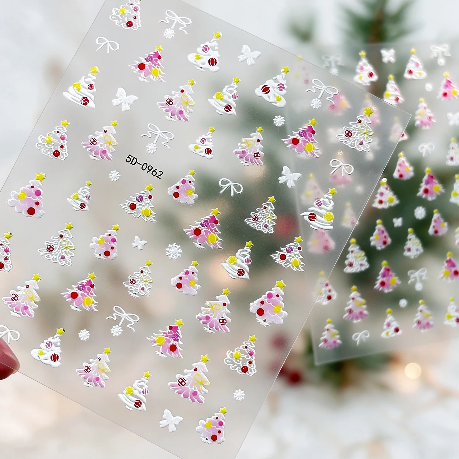 1PCS 5D Embossed Christmas Nail Stickers Cute Pink White Xmas Tree Bow Snowflake Nail Art Decals For Winter Party DIY Manicure *