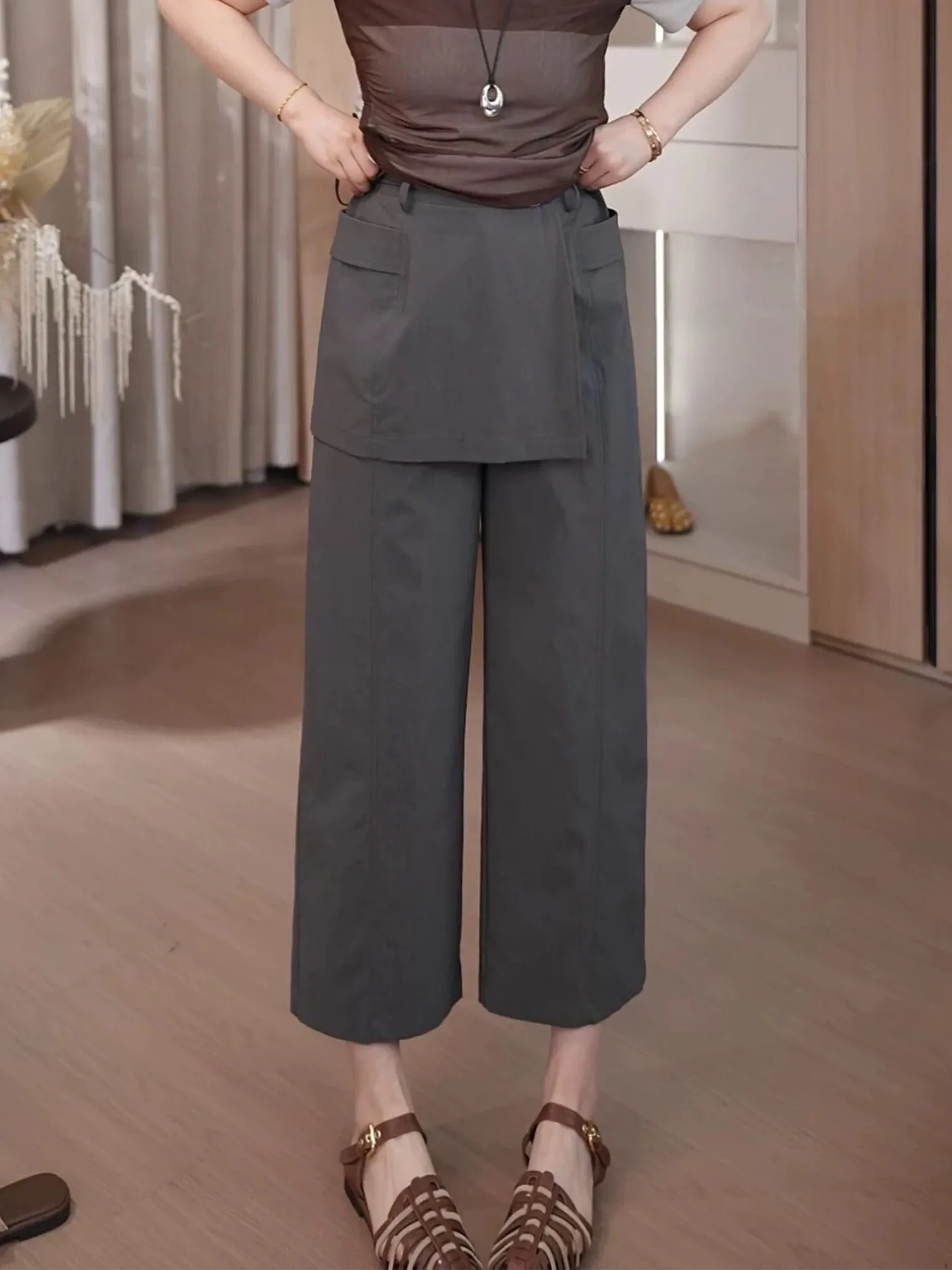 

Casual High Waist Wide Leg Pants Women's plus Size Trousers Korean Style Patchwork Breathable Comfortable Summer Fashion