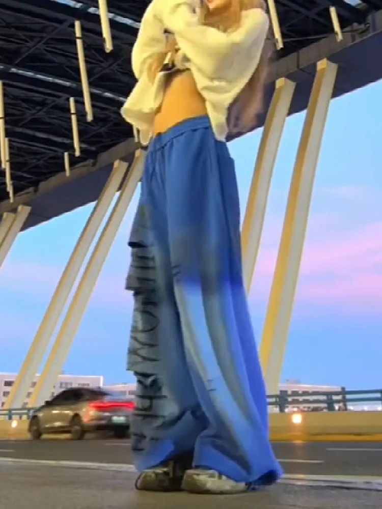 Cool Casual Sport Pants for Women American Sle Distred Wide Leg Sweatpants High Waist Elastic Loose Fit Printed Trousers