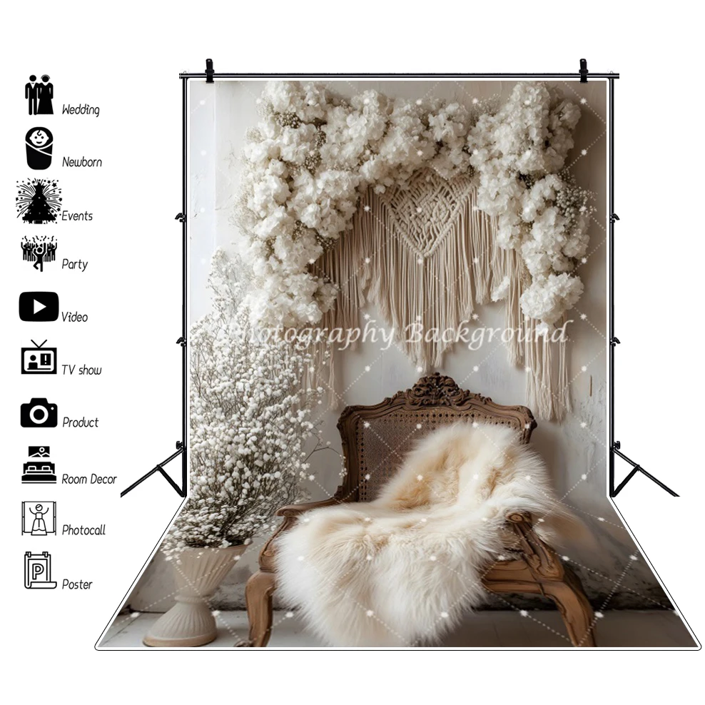 Boho-Stil-Hintergrund für Fotografie, florales Holzstuhl, Decke, Dekoration, Hintergrund, Stoff, Fotokabine, Braut, Foto-Requisiten