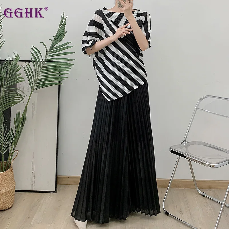 GGHK Pleated Women 2-piece Short-sleeved Lapel Striped Printed Top High-waisted Casual Loose Wide-legged Pants 2025 Spring New