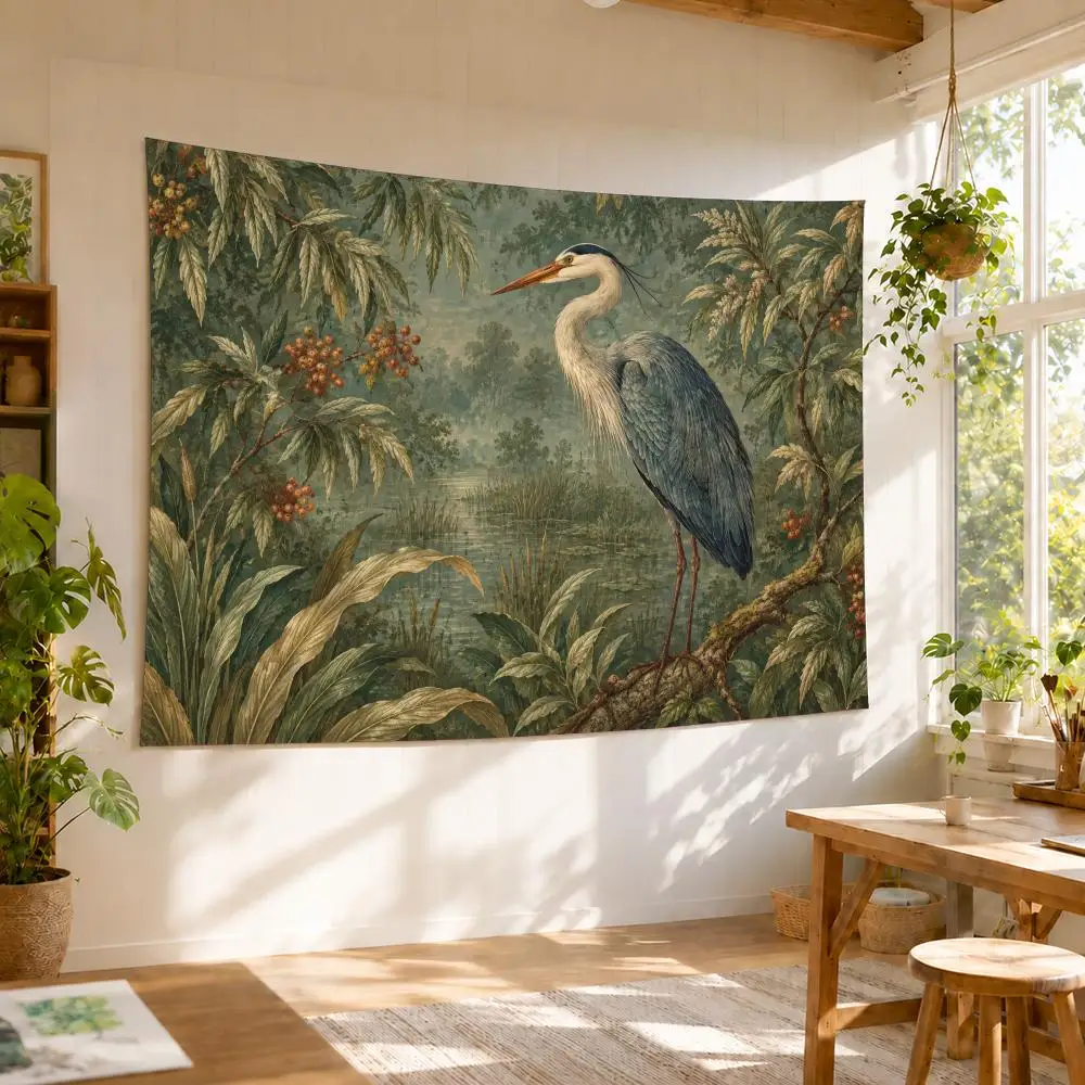Blue Heron Vintage Floral Tapestry Durable Soft Microfiber Horizontal Wall Hanging Decor For Bedroom Patio Garden Parties