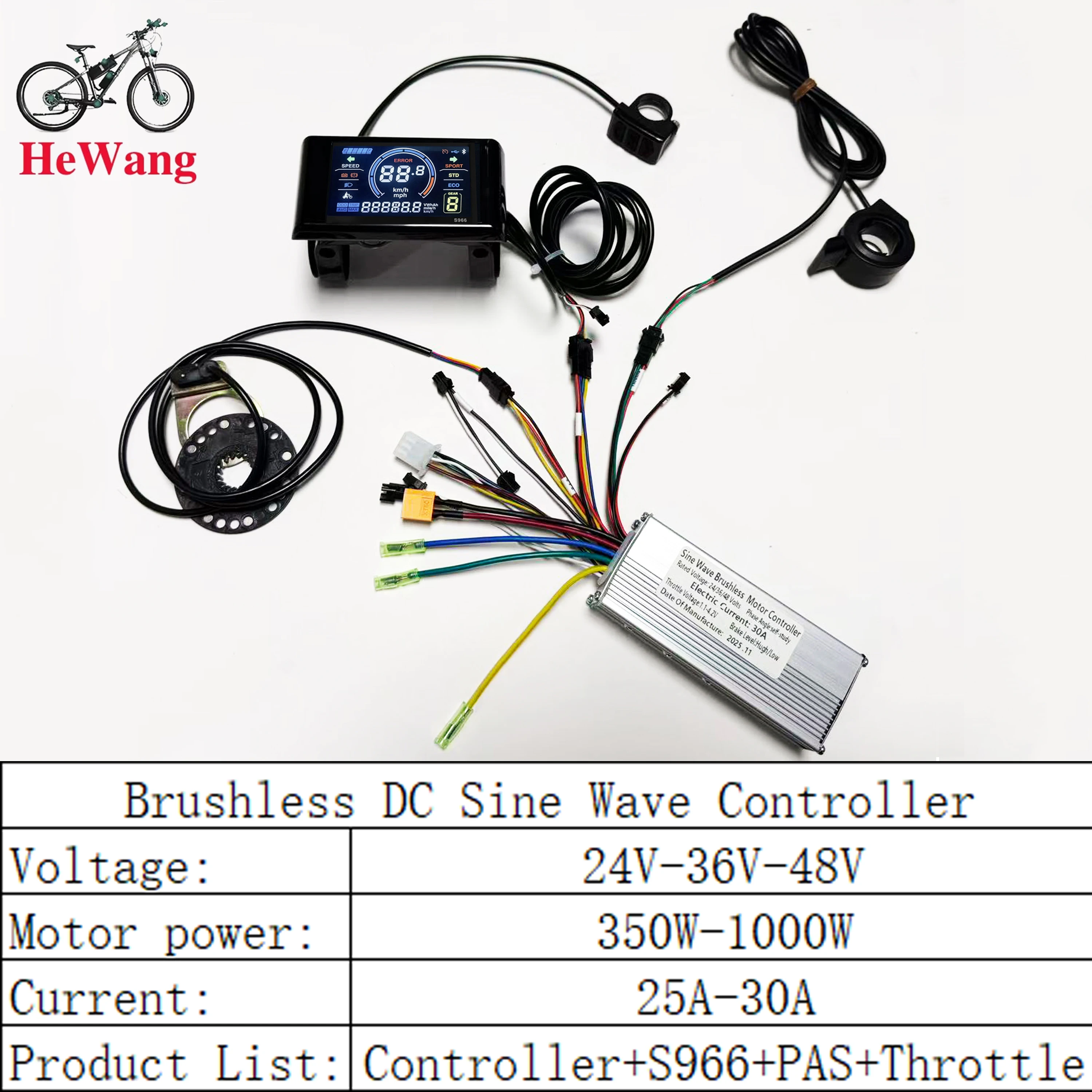 AliExpress NONE E-Bike 350W-1000W BLDC Sine Wave 30A Controller With PAS, Throttle and S966 color LCD set 24V-36V-48V Three Mode for E-Scooter
