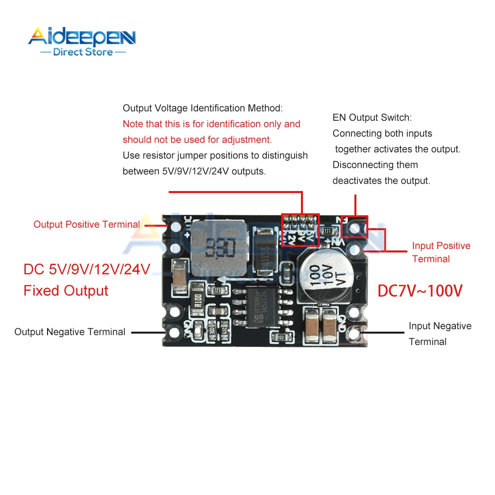 Módulo de alimentação redutor de tensão de saída fixa DC-DC 7V-100V a 5V/9V/12V/24V com proteção total para uso automotivo/industrial