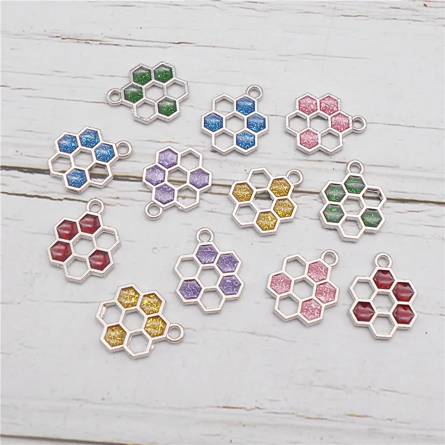 Julie Wang 12PCS Enamel Hive Charms Alloy Hollow Honeycomb Pendant Necklace Bracelet Jewelry Making Accessory