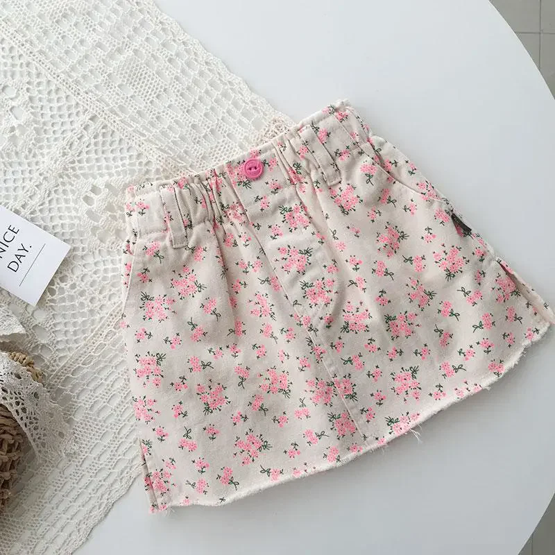 Fashion Baby Girls Mini Skirts for Kids Girls Floral Print Pink Short Skirts Children Clothing Korean A-line Denim Skirts 2-8Y