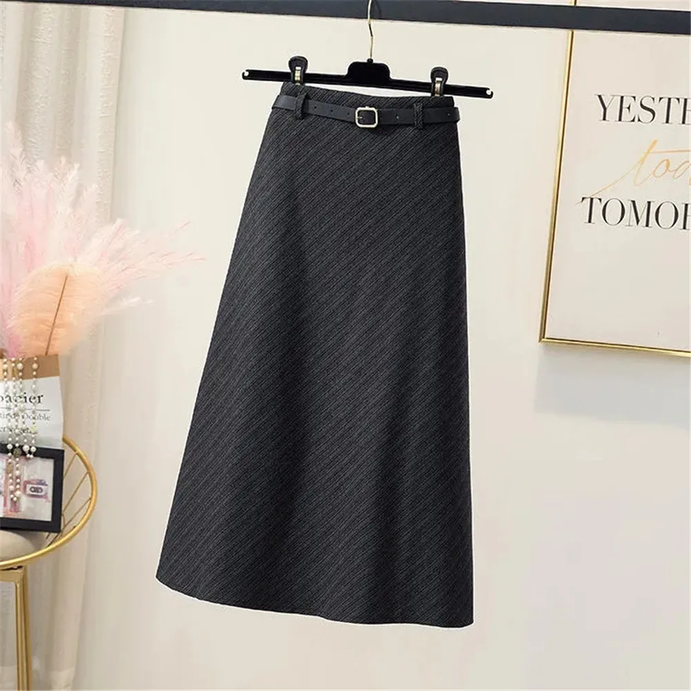 

Vintage Stripe Autumn Winter High Waist Woolen Skirt With Belt Women High Waist Lady Fashion Casual Streetwear A-Line Midi Skirt