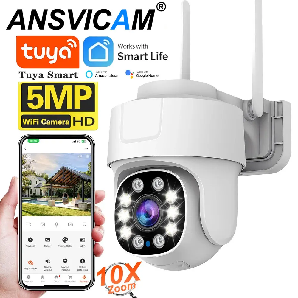 

Уличная Wi-Fi IP-камера Tuya 5 МП с 10-кратным зумом и PTZ 360° ° Камера для домашней безопасности и защиты HD с ночным видением, поддержка Alexa и Google