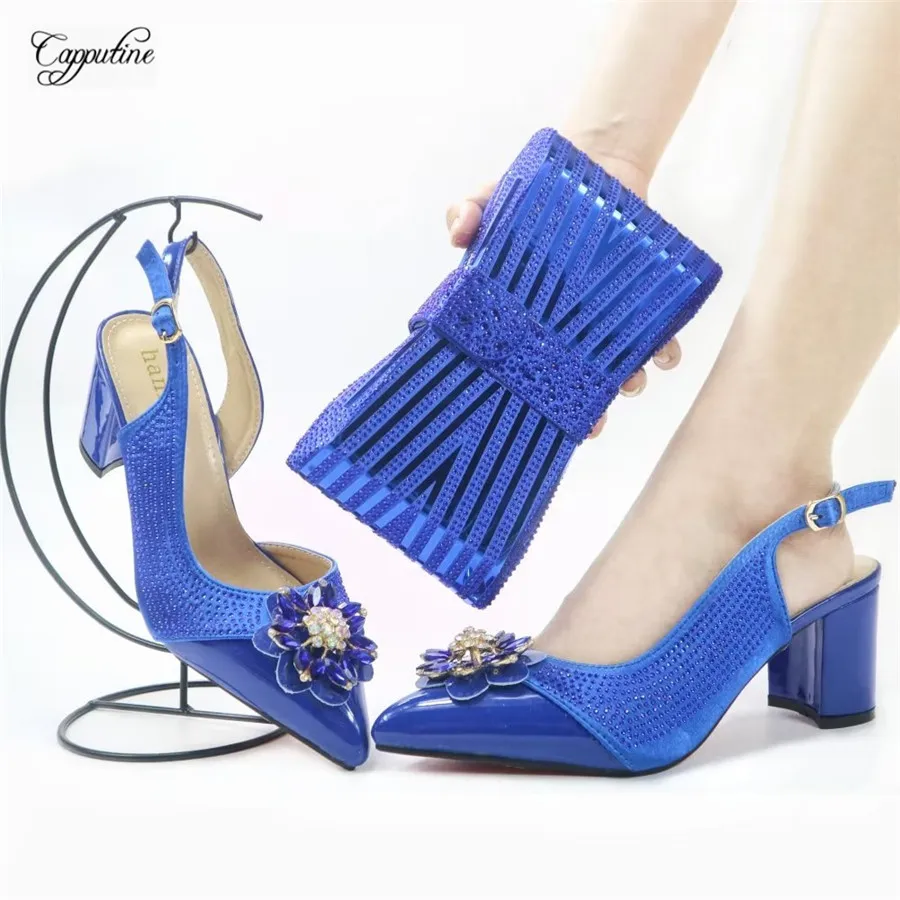 Blue Women Shoes And Bag Set African Ladies Pumps High Heels Sandals Match With Clutch Handbag Escarpins Femme Sandales GL20