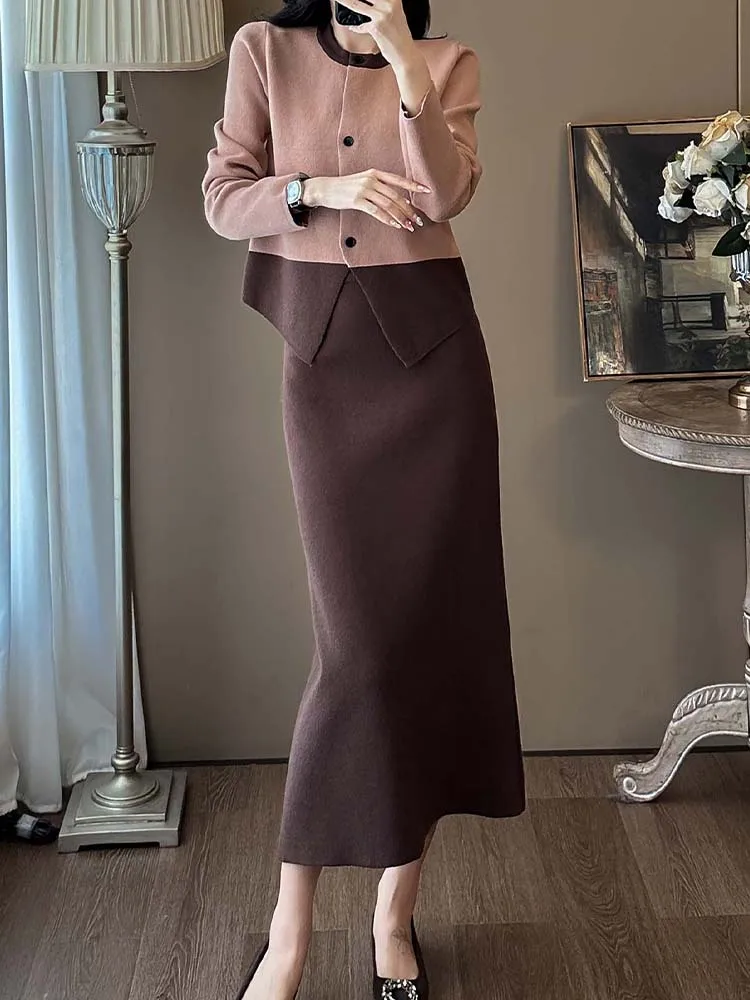 

High Quality Round Neck Long Sleeved Color Blocked Knitted Top+Half Skirt Two-Piece Set 2025 New Fashionable Women'S Clothing