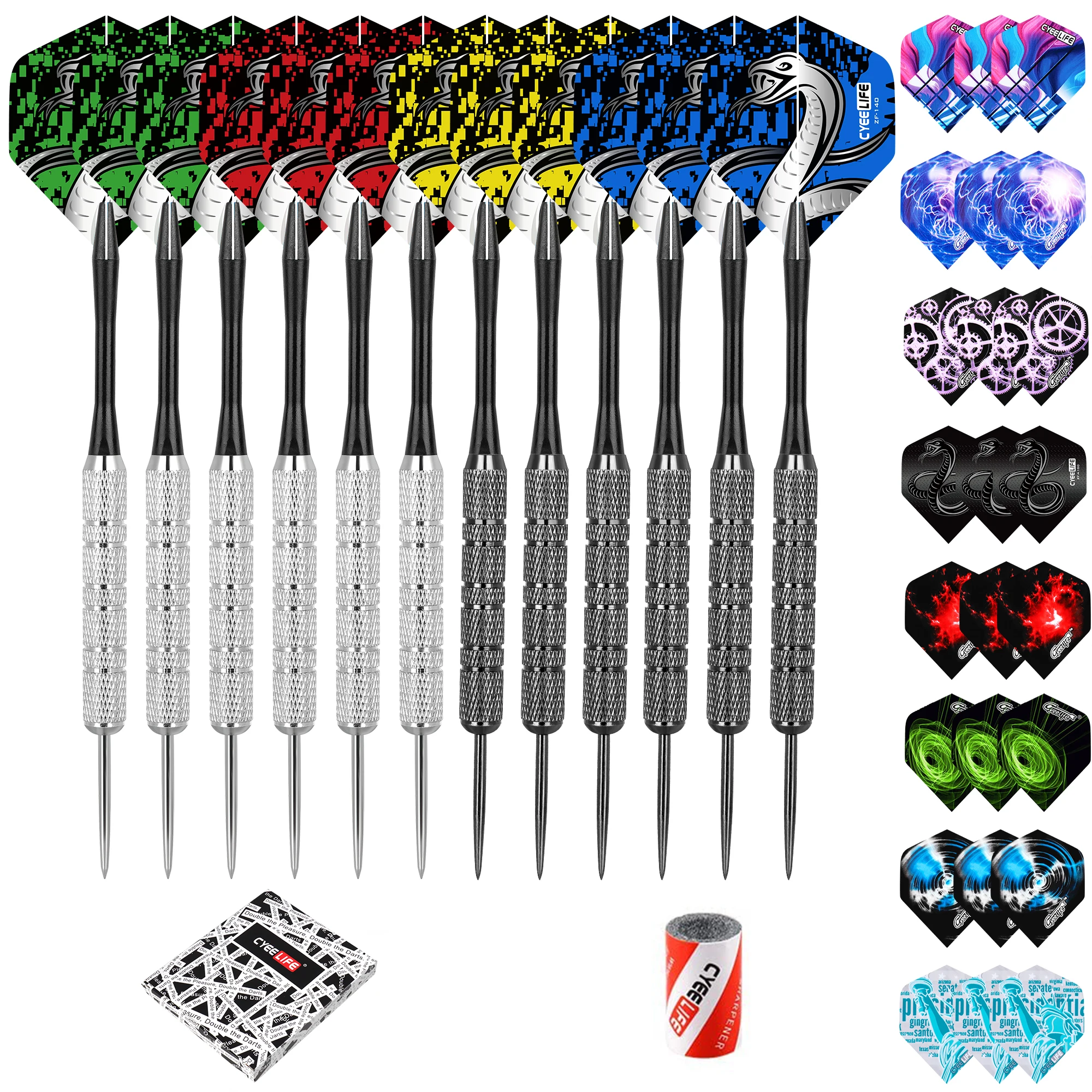 CyeeLife Steel Tip Darts with Aluminum Nylon Shaft, Sharpener, 12Pcs, 20g, 30Pcs Flights, 1Pc