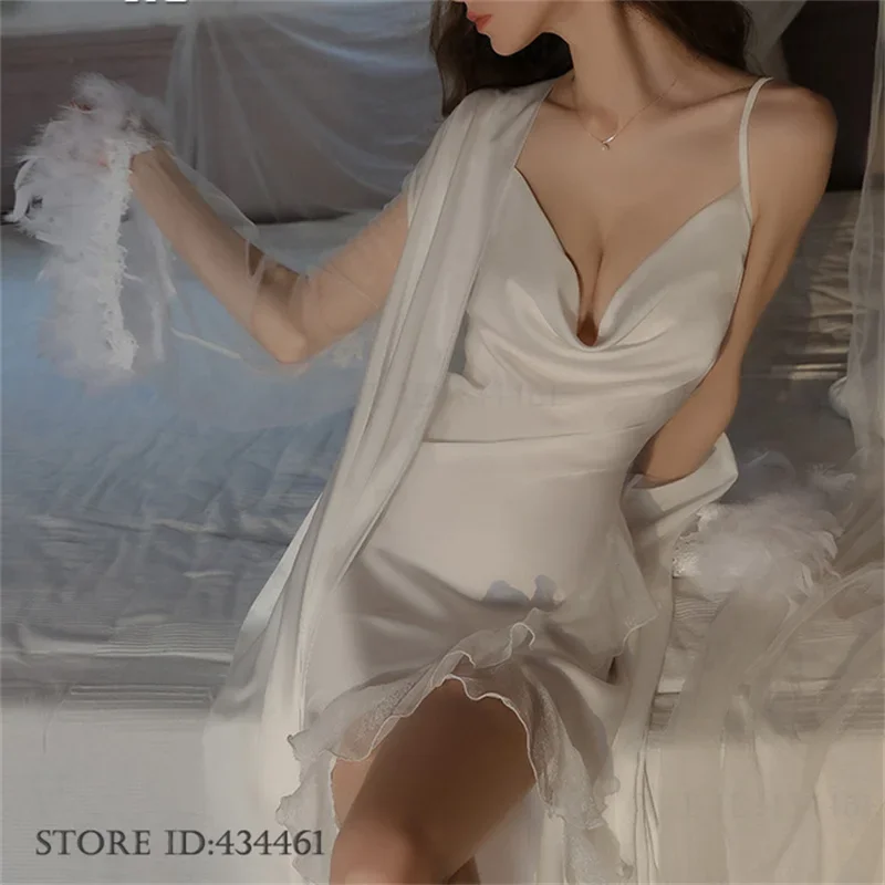 Sexy Burgundy Feathers 2PCS Nighty&Robe Set Nightgown Perspective Mesh Bathrobe Night Dress Summer Silk Satin Sleepwear Homewear