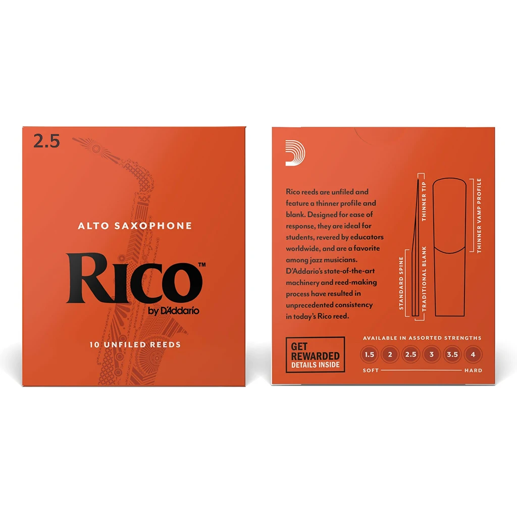 Professional Saxophone Reeds Strength 2.5# Reed By D’ Addario US RICO Reeds 2.5 Reeds Alto Saxphone With Vacuum-Seal Orange Box