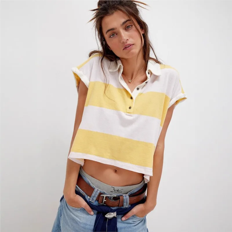 Y2k Foreign Style Versatile T-shirt For Women Fashion Color Blocked Striped Loose Lapel Collar Top Ladies Summer Short Blouses