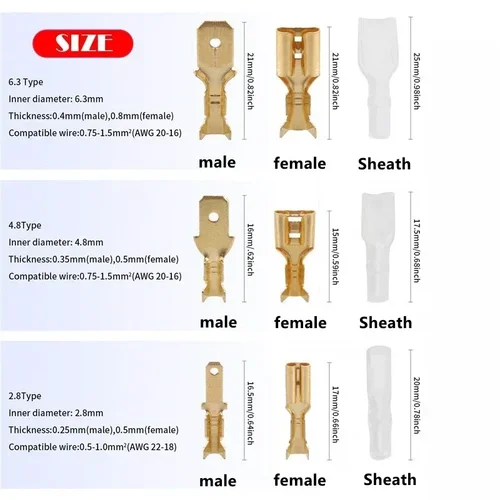 Imagen 2 del producto 200 Uds 2,8mm 4,8mm 6,3mm Terminal de engarzado conector de pala macho hembra conector de envoltura de cable de manga eléctrica