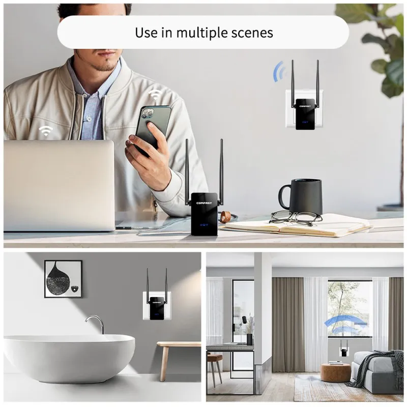 Repetidor WiFi inalámbrico COMFAST de 300-1200Mbps, extensor de señal de enrutador WiFi negro 2,4G, puerto LAN, amplificador de antena 5,8G para el hogar
