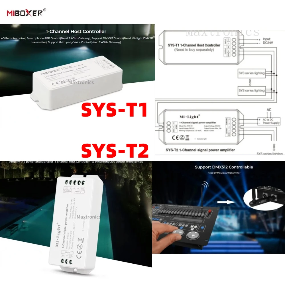 

Miboxer SYS-T1 1-Channel Host Controller SYS-T2 1-Channel Signal Power Amplifier 15A DC24V 2.4G Control for SYS Series LED Lamp