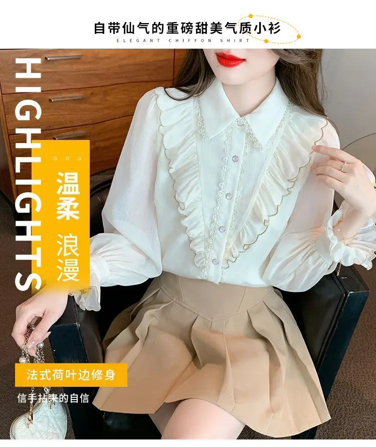 Lotus Leaf Edge Long Sleeved Chiffon Shirt for Women New French Style Style Top Youthful and Beautiful Little Shirt