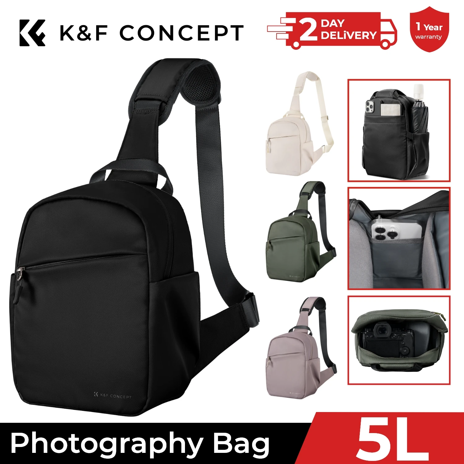 K&F CONCEPT Lekka torba fotograficzna na ramię 5L do podróży, plecak crossbody na aparat Sony Nikon Canon DSLR/SLR