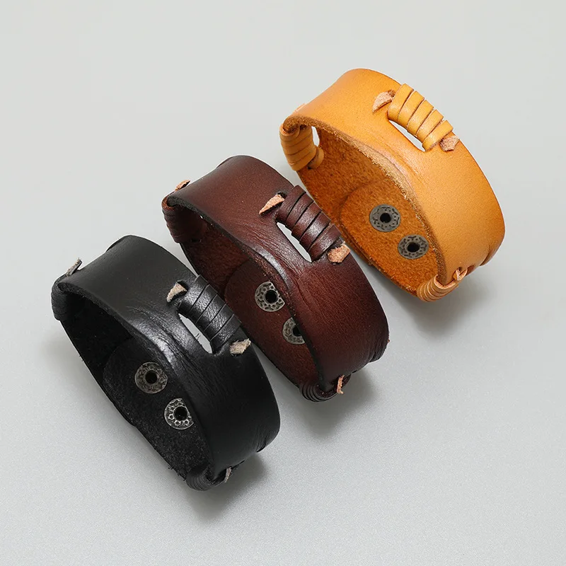 Fashion Retro Wide Cowhide Wrist Strap Design Leather Wrap Bracelet Men Personalized Hip-hop Hiphop Punk Jewelry