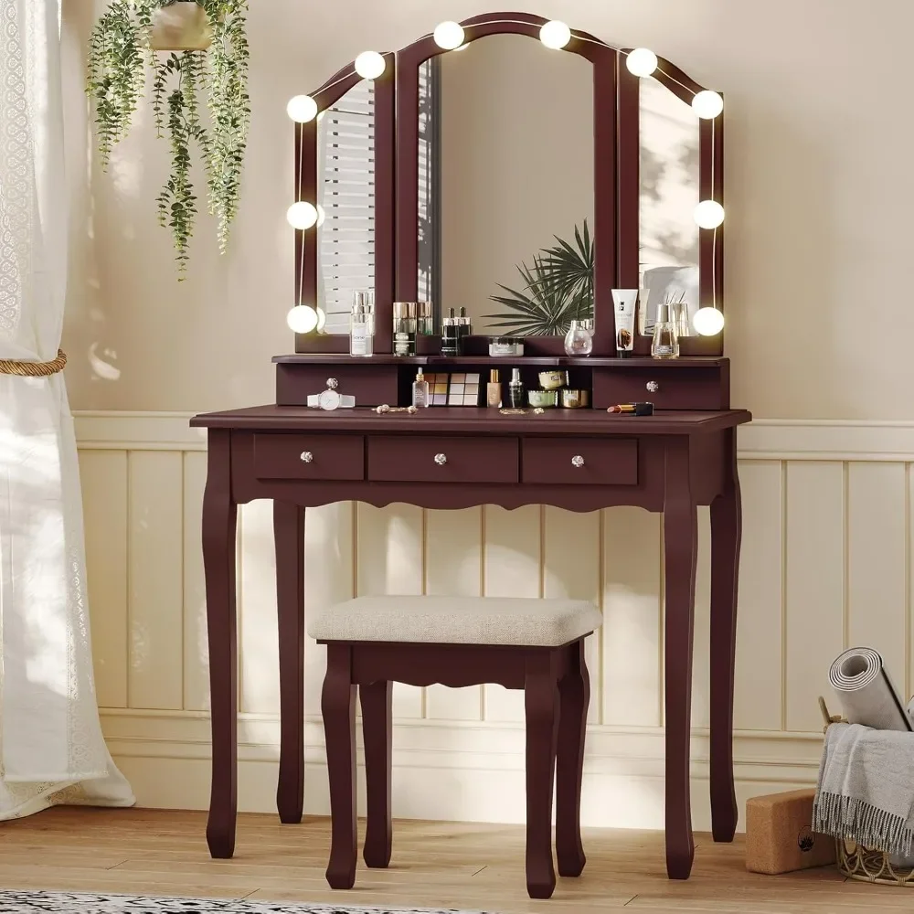 Vanity Desk, Vanity Table with Lighted Tri-Folding Mirror & Stool, Makeup Vanity Set with 10 LED Light Bulbs & 3 Color Lighting