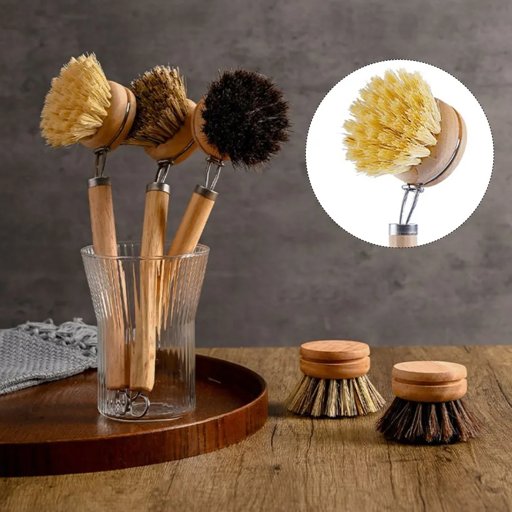 1PCS Long handled pot brush with replaceable brush head, natural soft fur, horsehair, sisal, coconut brown cleaning brush