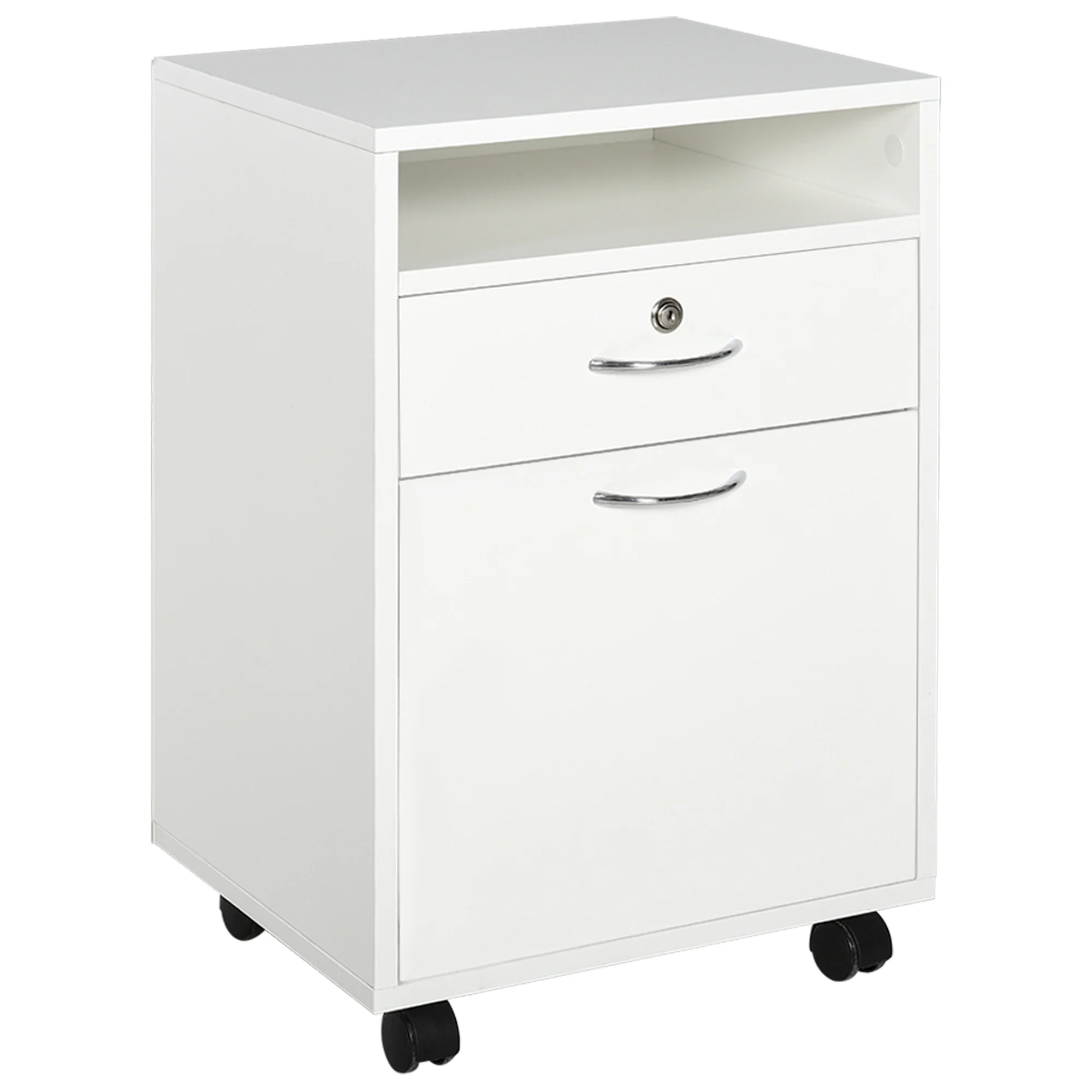 HOMCOM Cajonera para Oficina con 4 Ruedas Cajón Cerradura Estante Abierto y Armario Estudio Habitación 40x35x60cm Blanco