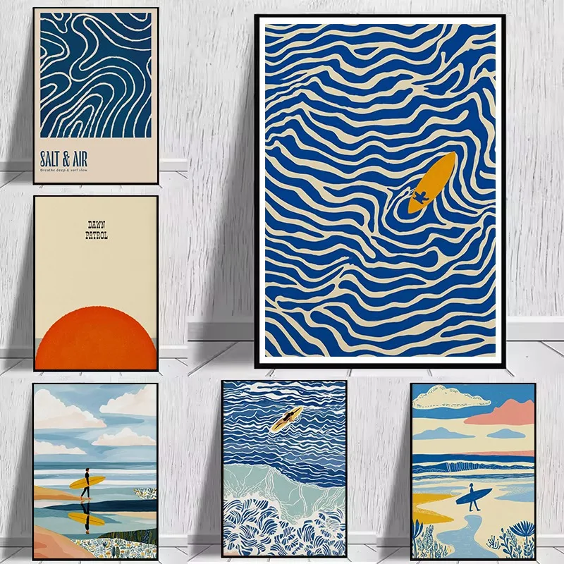 Japanisches Retro-Strand-Leinwandposter zum Thema Surfen – minimalistisches abstraktes Ozeanwellen-Küsten-Sommermotiv für die Dekoration von Wohn- und Schlafzimmern
