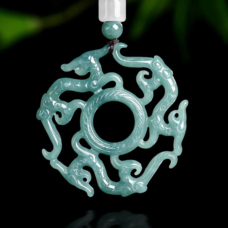 

New Real Natural Blue Water Emerald Coiling Dragon Pattern Pendant Necklace Carved Charm Accessory Jewelry Fashion Amulet Gifts