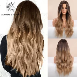 Peruca sintética de unicórnio louro para mulheres, cabelo longo da parte média, ondulado natural, fibra resistente ao calor, loiro ombre, marrom, diário