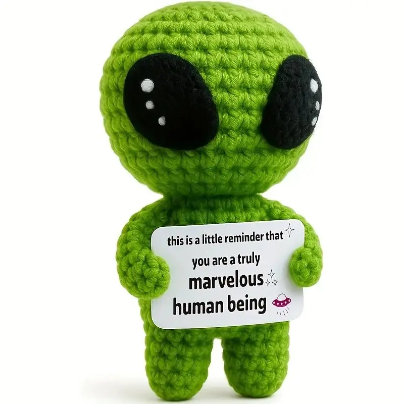 Funny Crochet Positive Alien Dolls Handmade Knitted Alien with Uplifting Message Card Sci-Fi Lovers Halloween Home Decoration