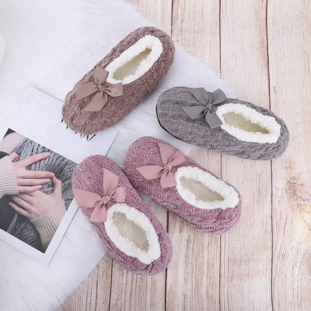

Winter Ballerina Slipper Socks Non-Slip Warm Indoor Floor Shoes Cute Soft Plush House Knit Slippers with Bow Women Home Shoes