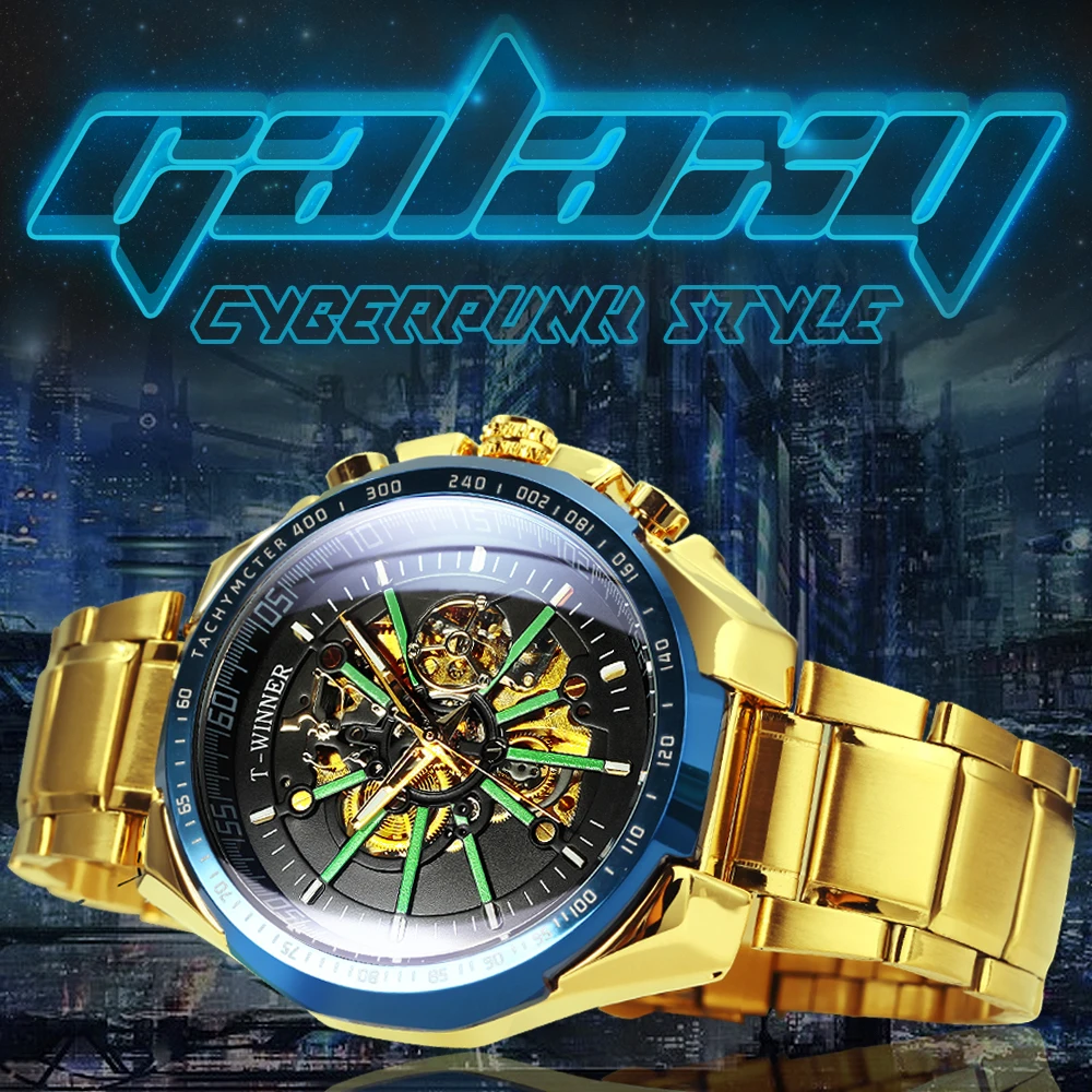 WINNER Sports Skeleton Mechanical Watches Luminous Fashion Military Automatic Watch for Men Stainless Steel Strap Business Clock