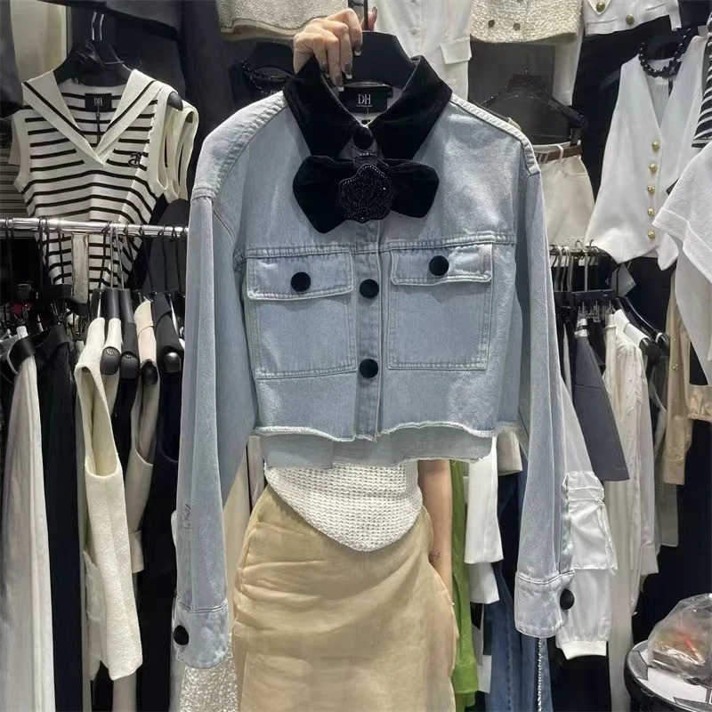 

Винтажная укороченная джинсовая куртка, женская бархатная лоскутная джинсовая куртка с бантом, женские корейские длинные рукава, повседневный дизайн, короткая верхняя одежда, новинка