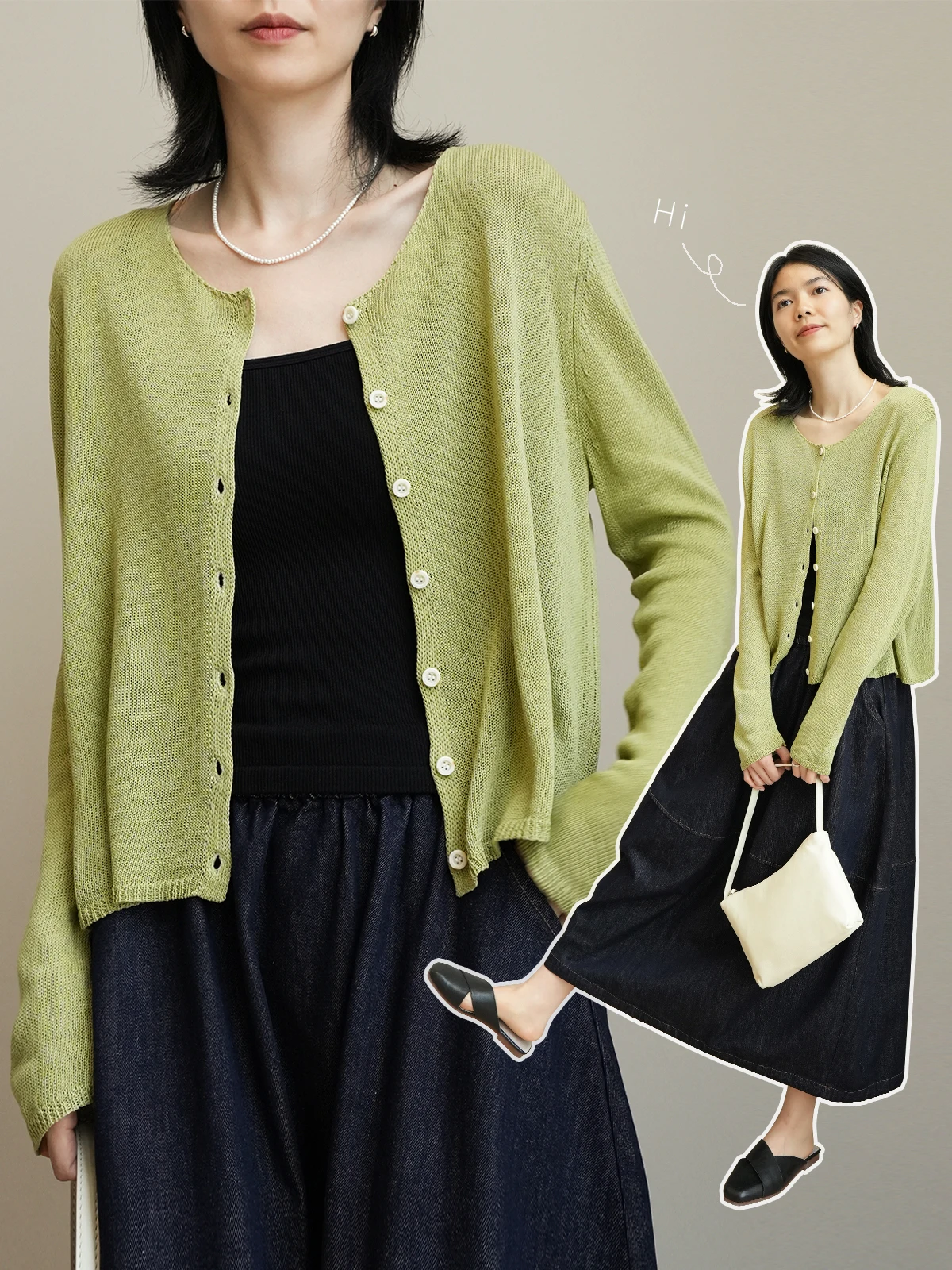

Linen Lyocell Blend Ladies Color round Ne Long Sve Thin Outerwear Loose Casual Knitted Open Cardigan Spring K