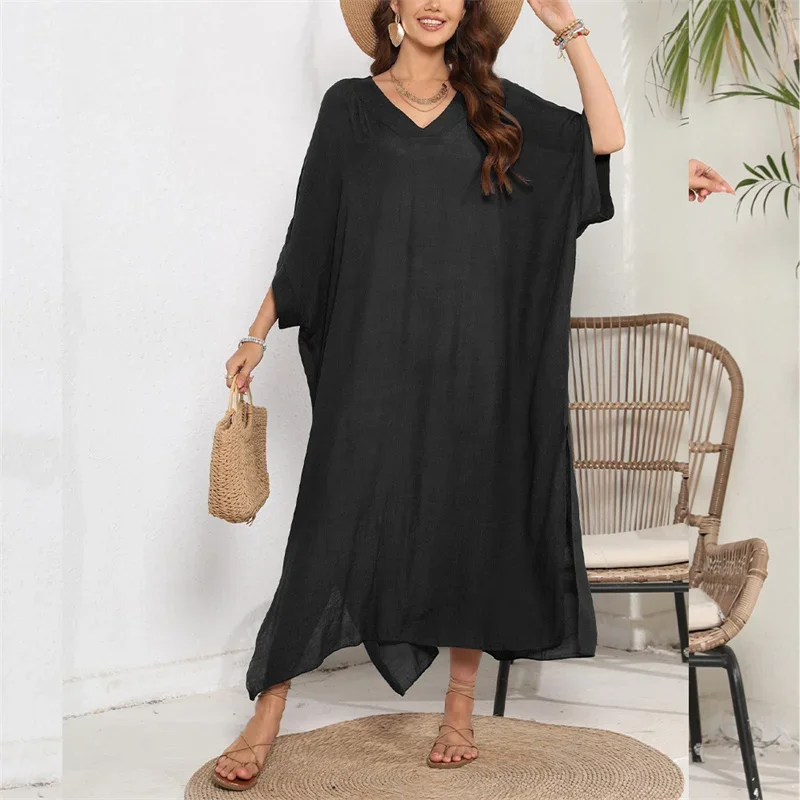 Women Casual Holiday Beach Dress Split Hem Seaside Swimwear Solid Colours Loose Thin Beachwear Female V Neck Half Sleeve Ponchos