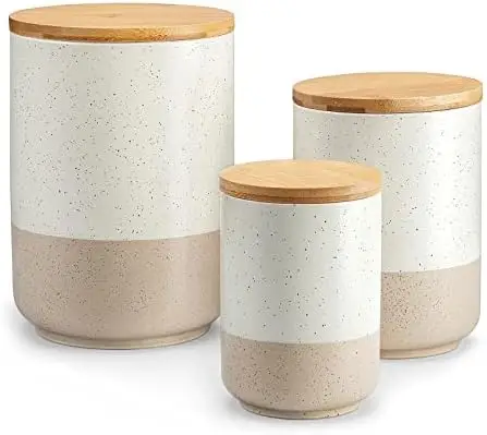 

Vancasso Sabine 3-Piece Ceramic Canister Set with Airtight Wood Lids – Modern Kitchen Storage for Coffee, Sugar, Flour, Tea & Sp