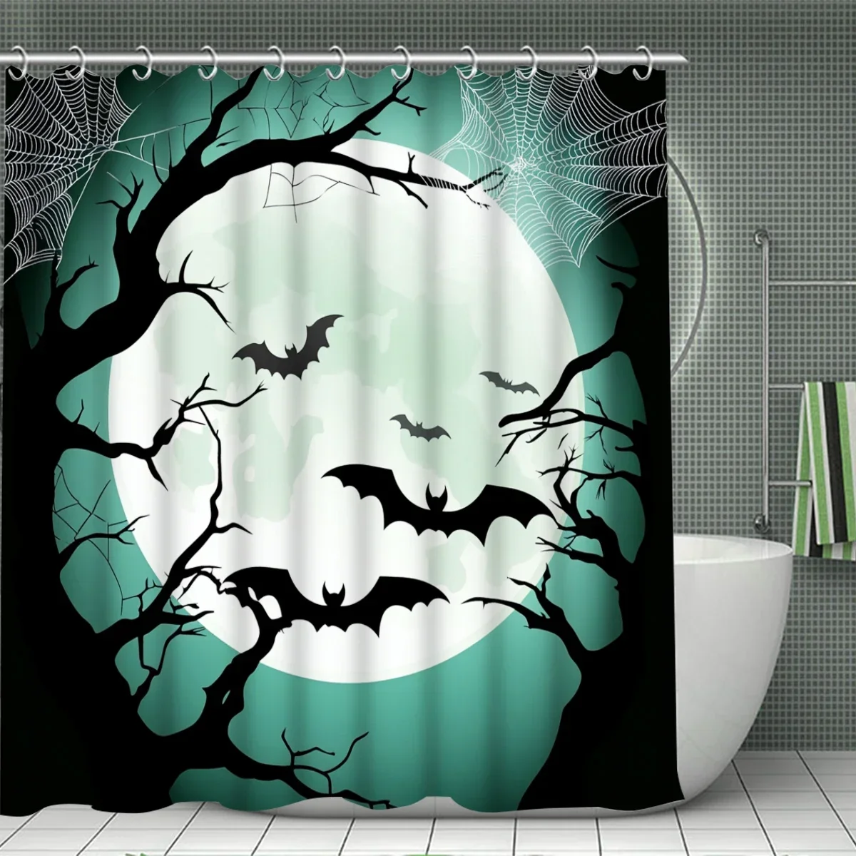 Halloween dark night bat forest shower curtain set,waterproof shower curtain and waterproof non-slip carpet,12free hooks