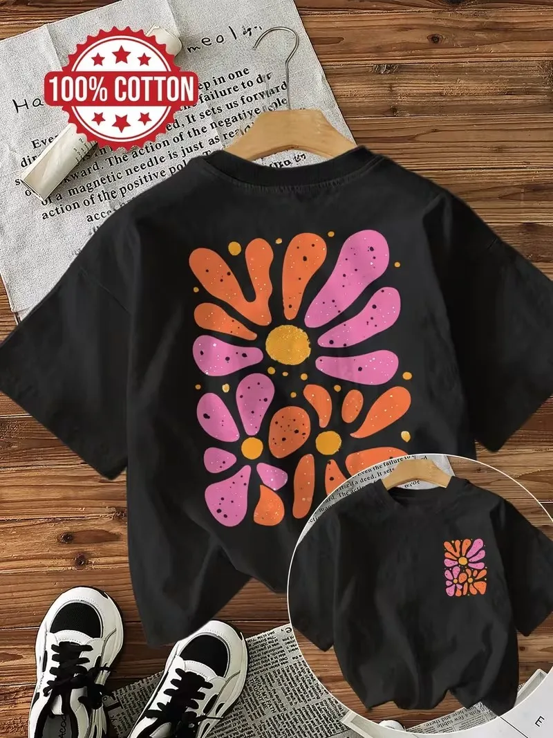 Lockeres Damen-T-Shirt aus 100% Baumwolle mit Retro-Blumendruck, Weicher Rundhalsausschnitt, Kurzarm-Oberteil, Vintage-Shirt mit Blumenmuster